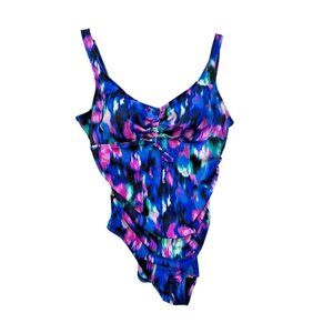 Aqua Green Women’s Tie Front One Piece Swimsuit Womens L Blue Abstract Padded